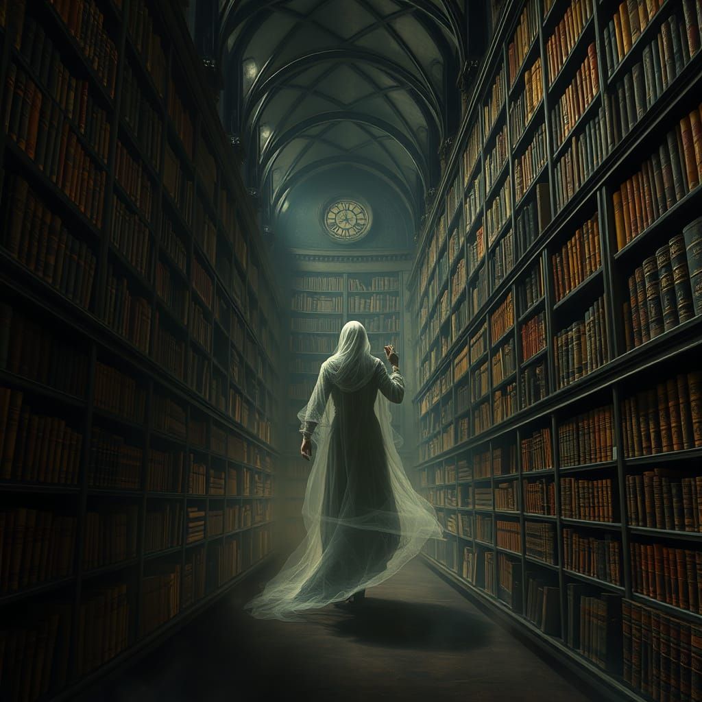 Ethereal Librarian in Gothic Library, Spectral Scene