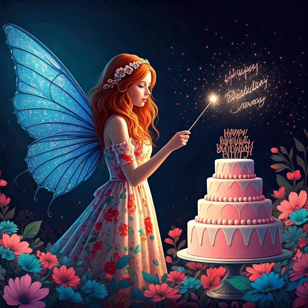 Fairy Birthday Celebration in Neon Fractal Art