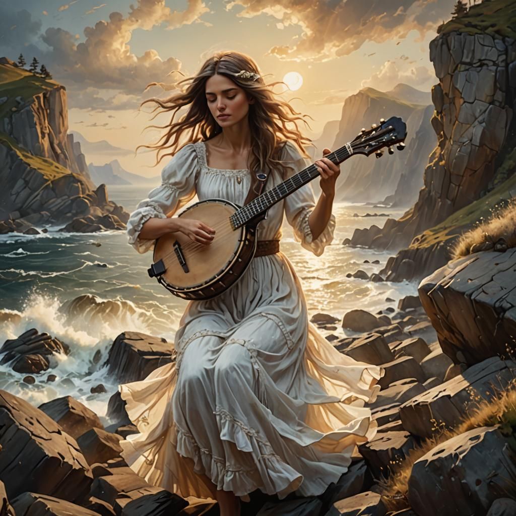 Banjo Player on Windy Coastline: Atmospheric Oil Painting