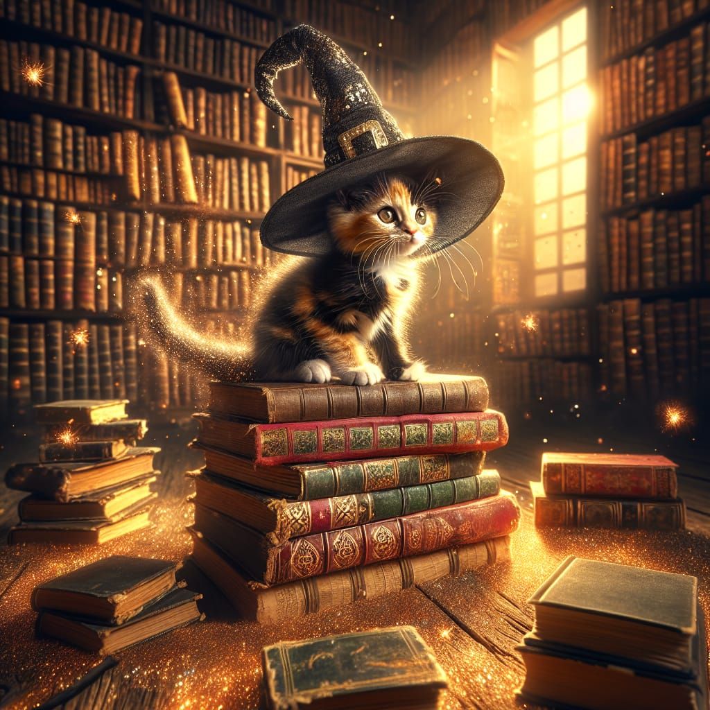Calico Kitten in Witch Hat in Sunlit Library