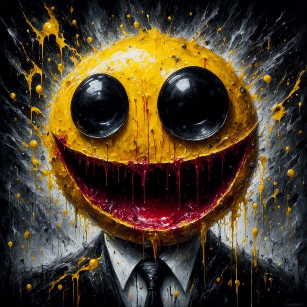 Cursed PacMan with Huge Head in Gouache Style