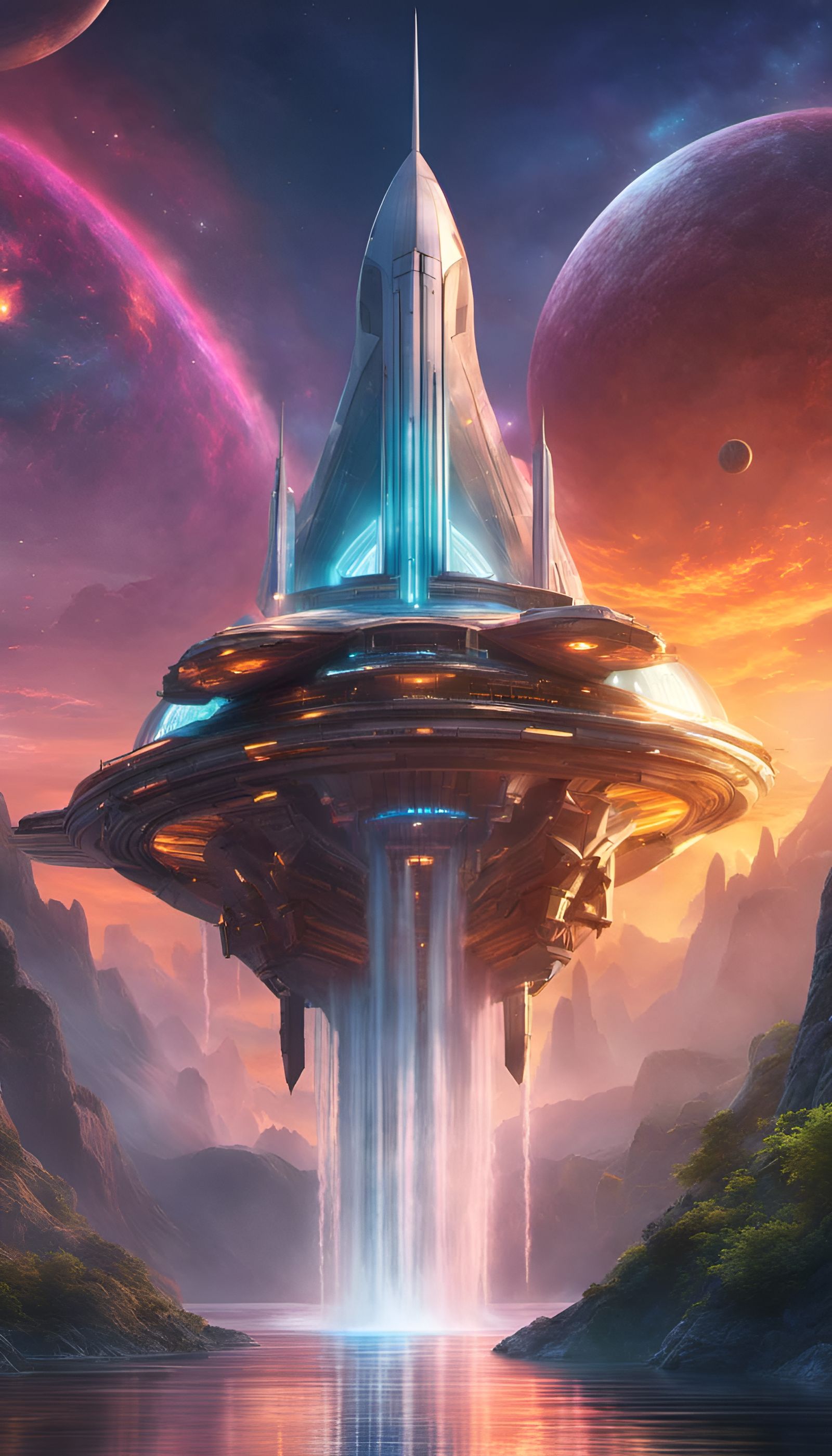 Bioengineered Spaceship Reflected in Nebula Sunset