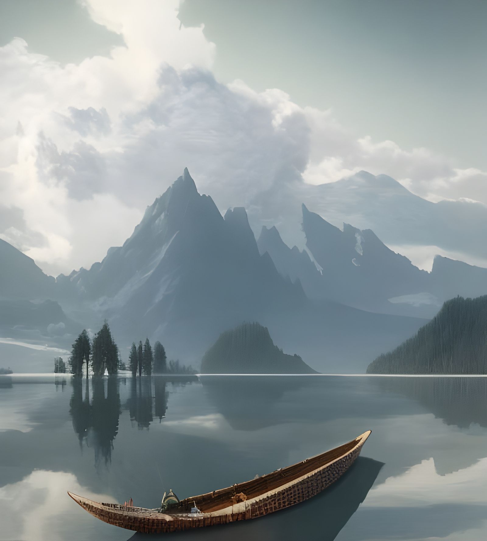 Surreal Lake Under Metallic Skies: 3D Render