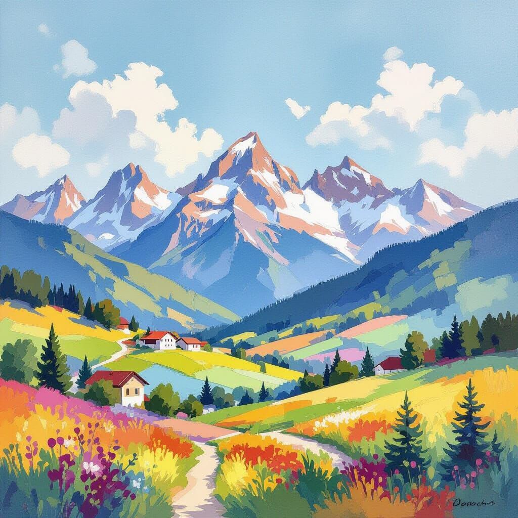 Vibrant Gouache Landscape with Mountains
