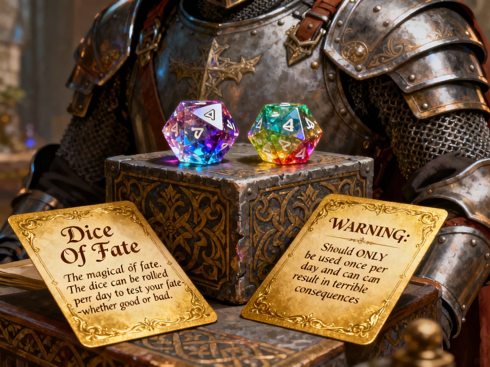 Crystal D&D Dice on Medieval Block