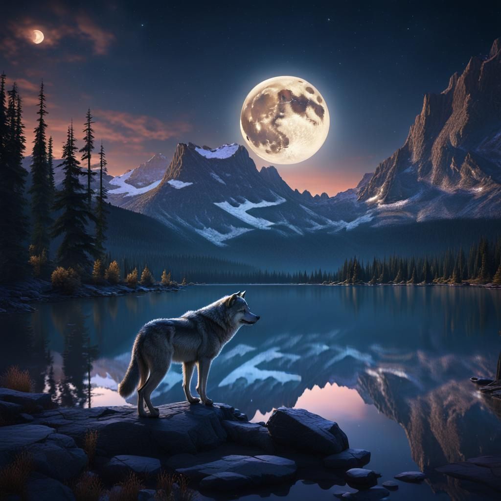 Lone Wolf Under Montana Moon: Detailed Matte Painting