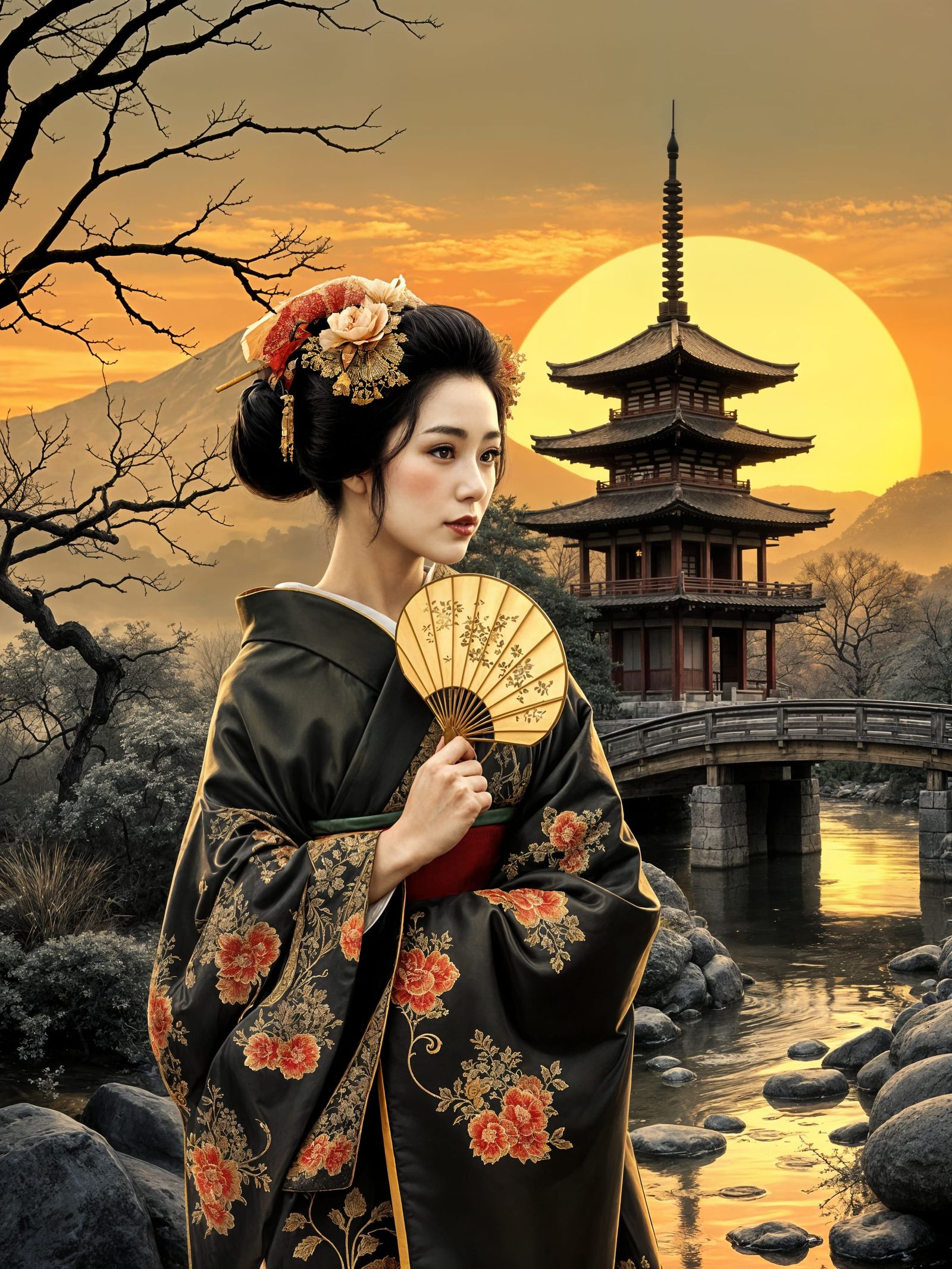 Elegant Geisha in Kimono with Pagoda Sunset