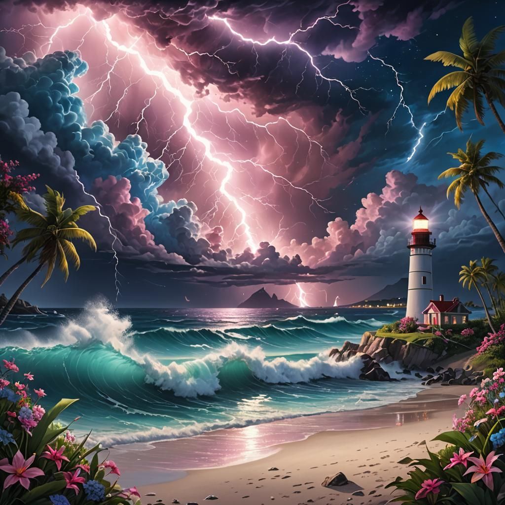 Lightning Strikes a Colorful Beach at Night