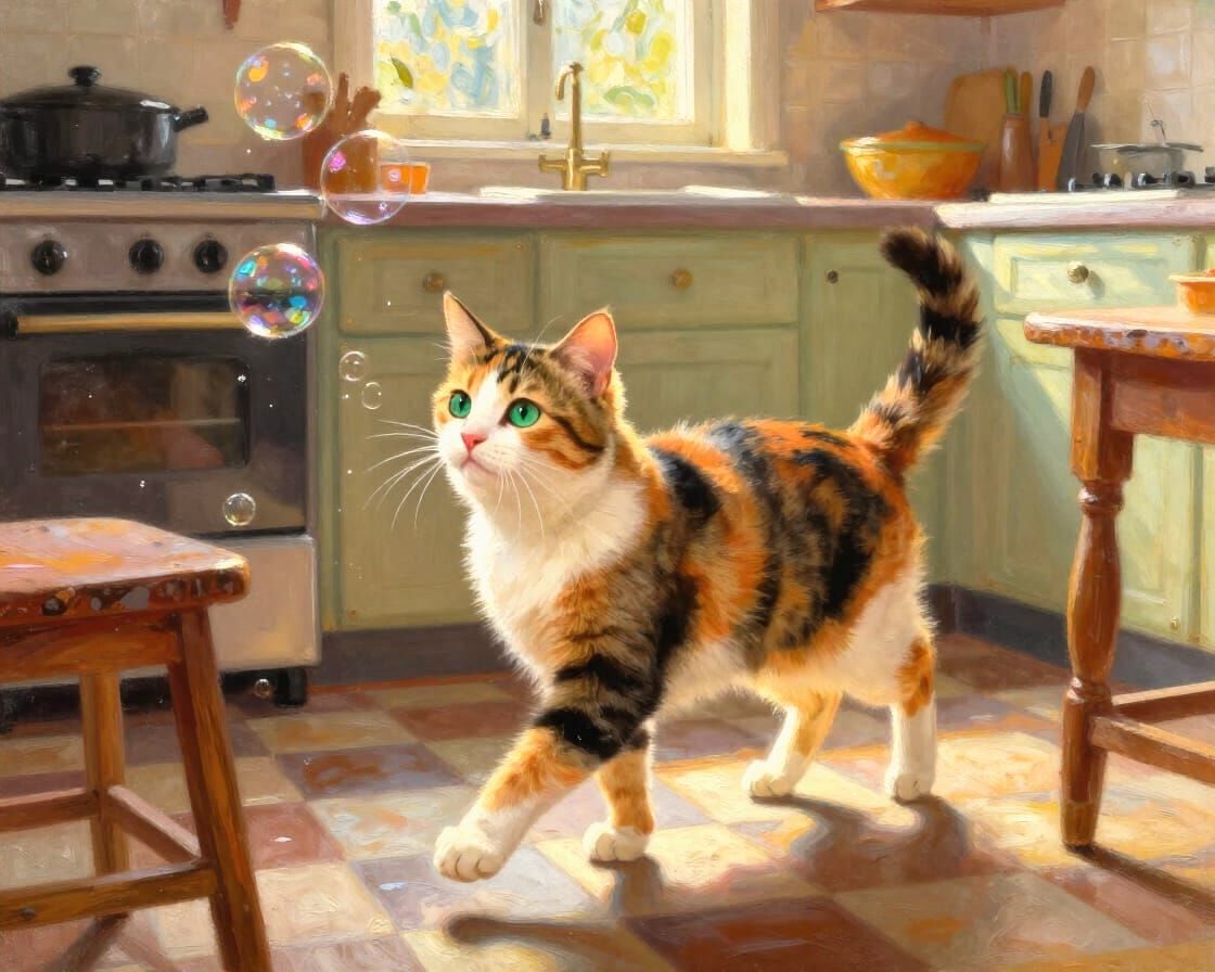 Calico Cat Chasing Soap Bubbles in Vintage Kitchen
