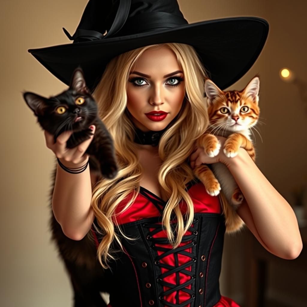 Blonde Woman in Witch Costume with Cats