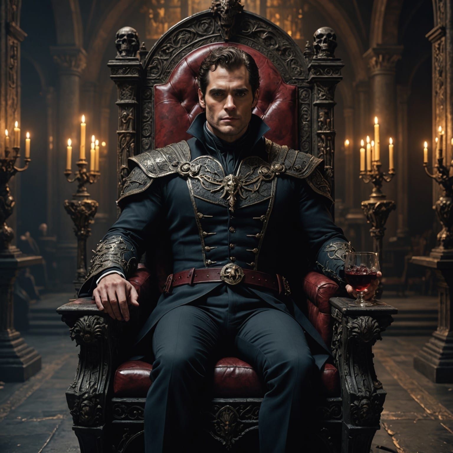 Henry Cavill in a vampire suit. Sitting on a throne made of ...