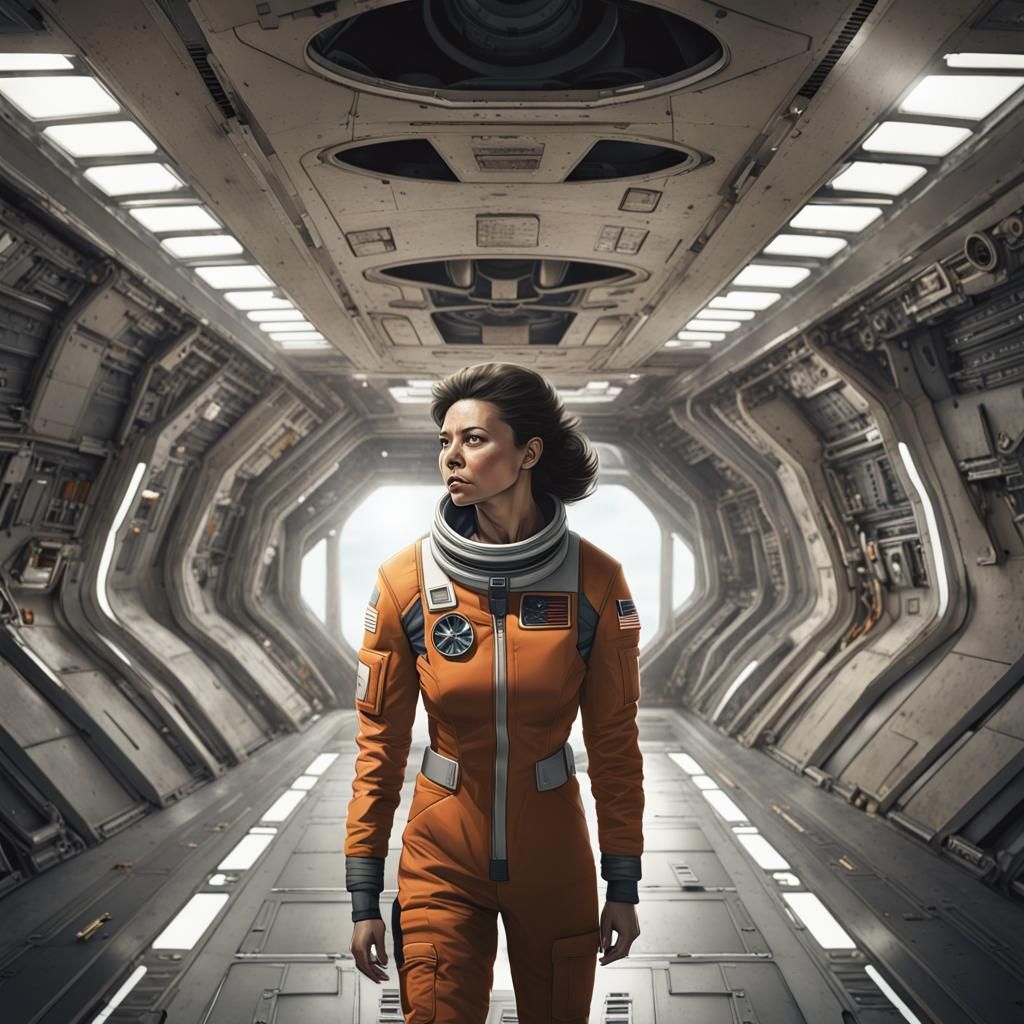 Astronaut Escaping Cosmic Horror in Sci-Fi Spaceport