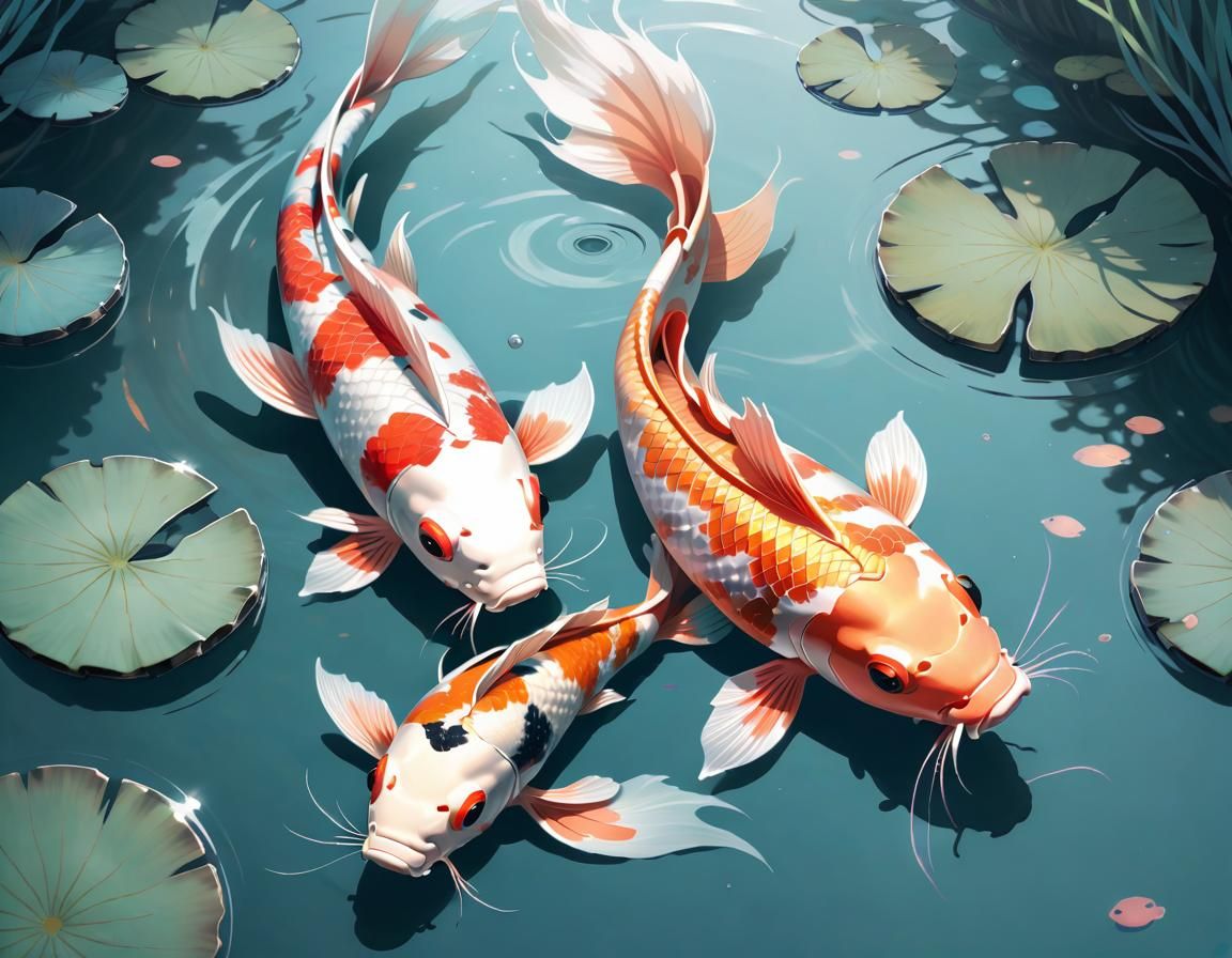 Koi in Reflective Lagoon, Manga Style Illustration