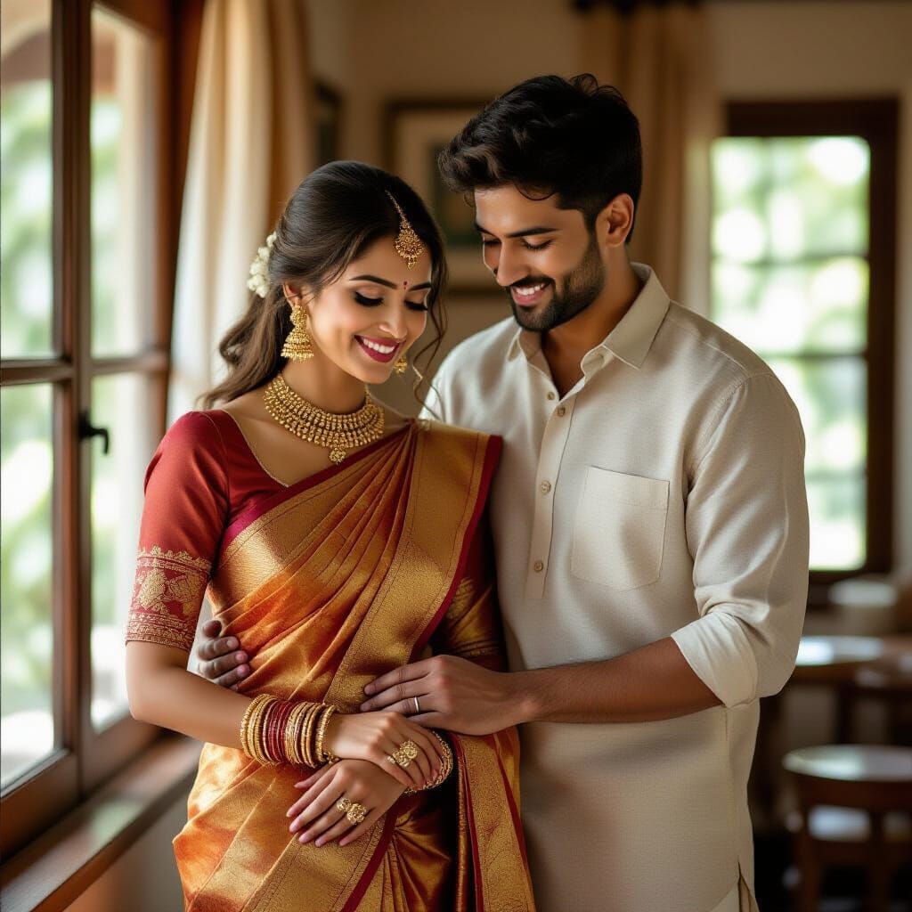 Romantic Couple in Saree, Soft Cinematic Lighting