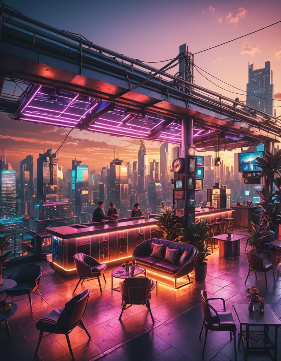 Cyberpunk Rooftop Bar Oasis at Sunset
