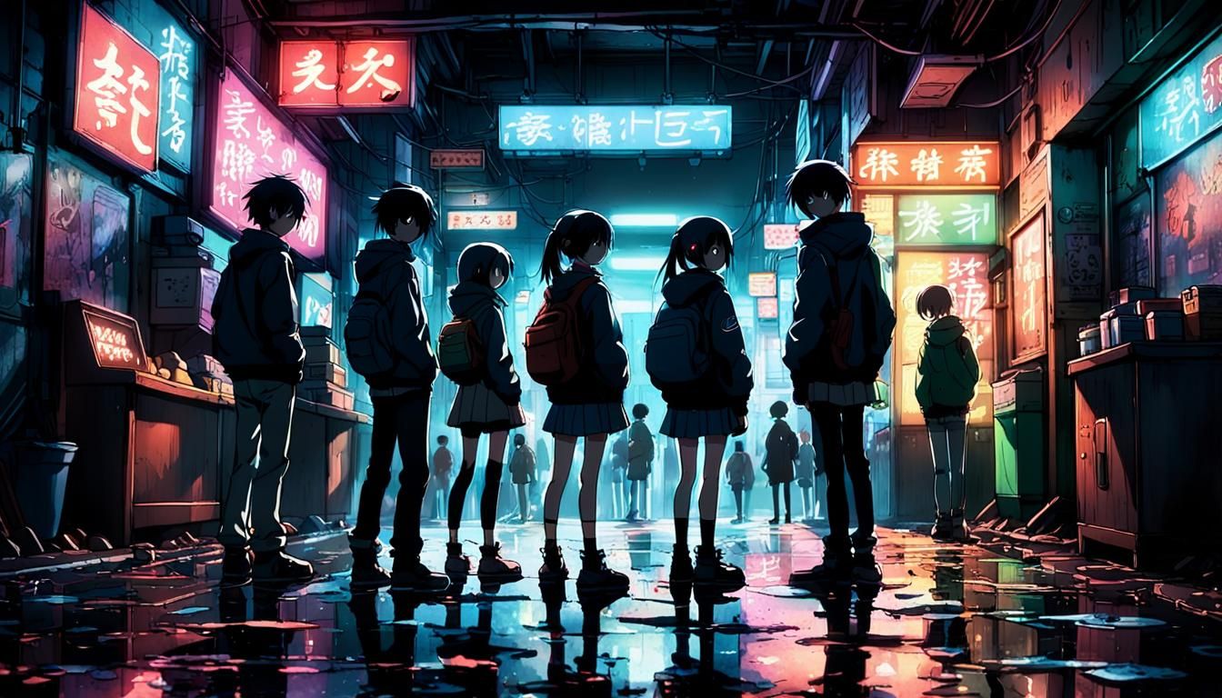 Eerie Anime Friends in Gloomy, Neon-Lit Room