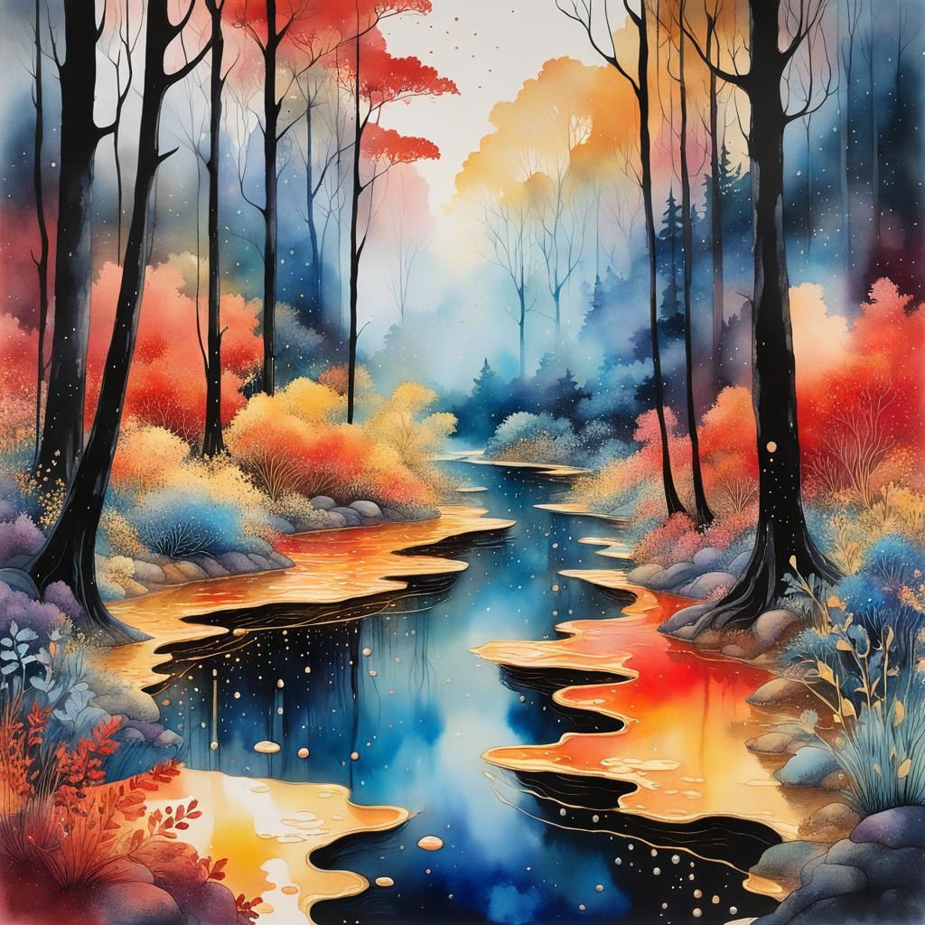 Ethereal Forest Emerging from Iridescent Watercolor Pools