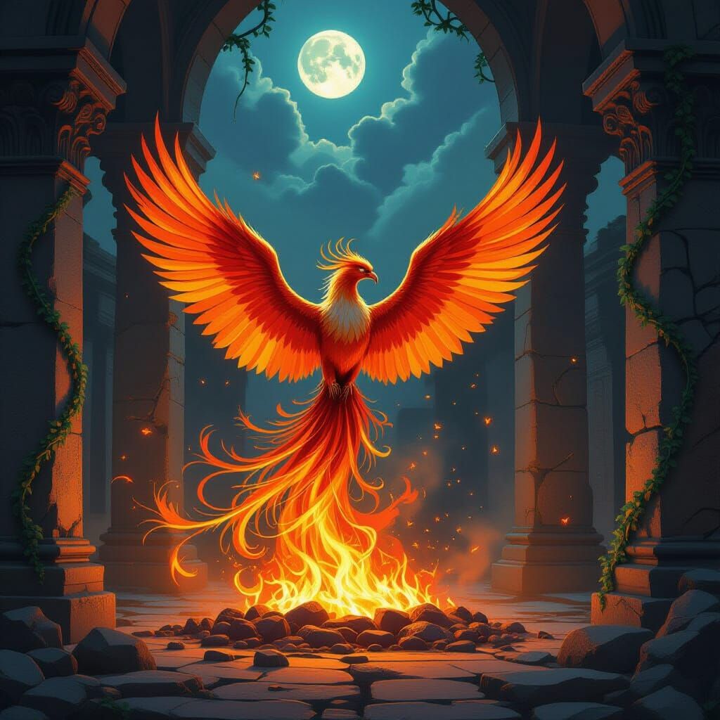 Majestic Phoenix Rises From Embers in Temple Courtyard