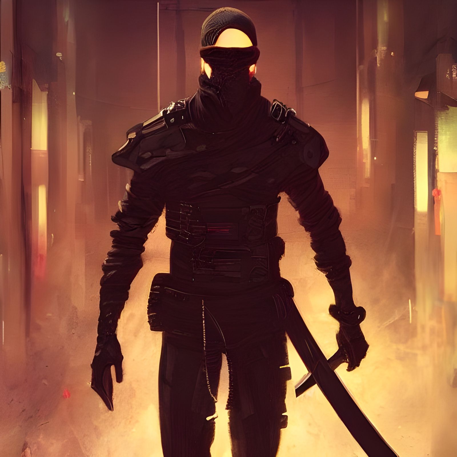 Cyberpunk ninja standing in the street, he has just defieted three man and they lay down on ground dead. Ninja is holdin...