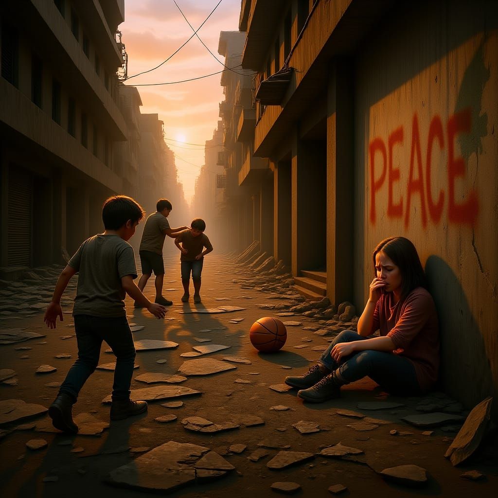 Dystopian Sunset: Children Playing in Ruins