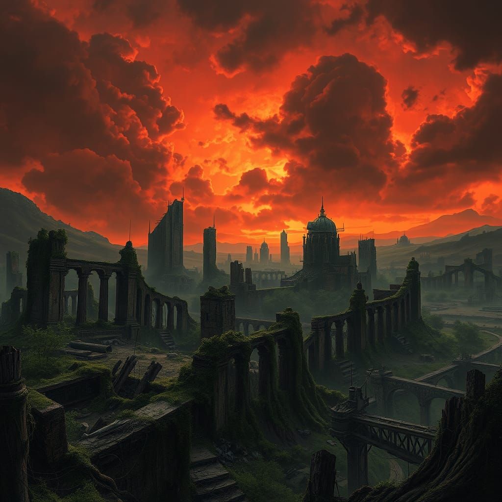 Post-Apocalyptic City Ruins Under Fiery Sky