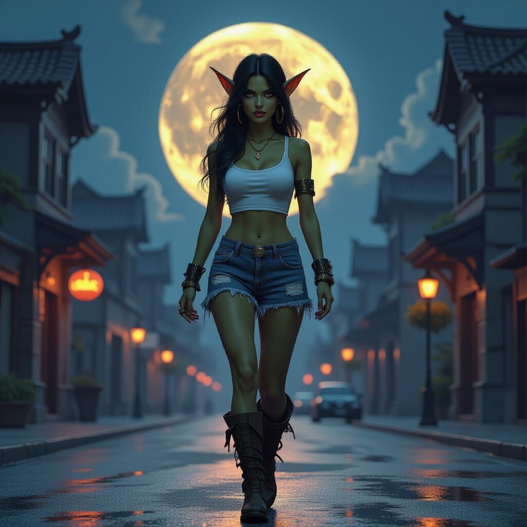 Voluptuous Goblin Walks Downtown in Dark Fantasy Art