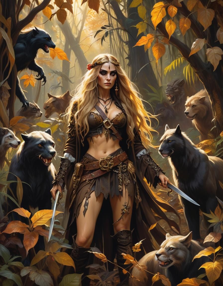 Gothic barbarian pirate woman  taming  love ,  autumn jungle...
