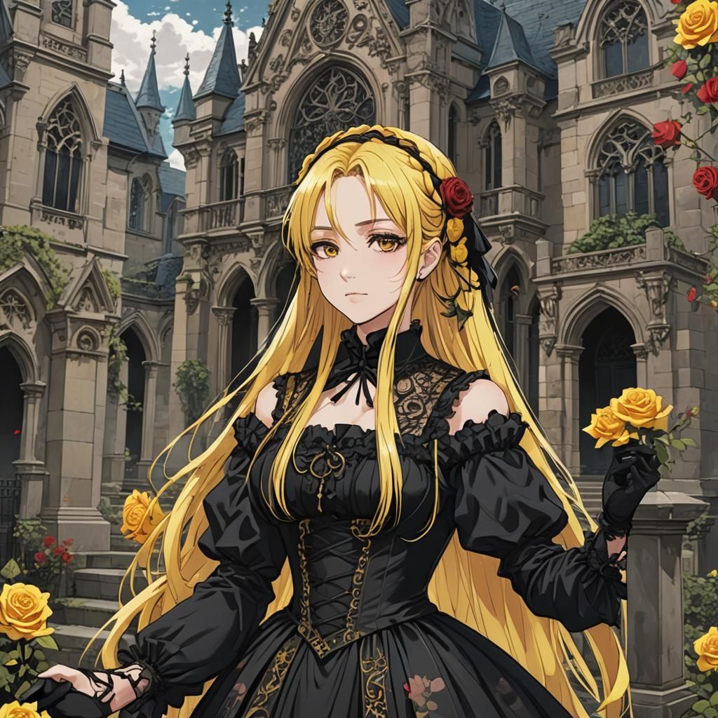 Anime Girl with Roses in Gothic Setting