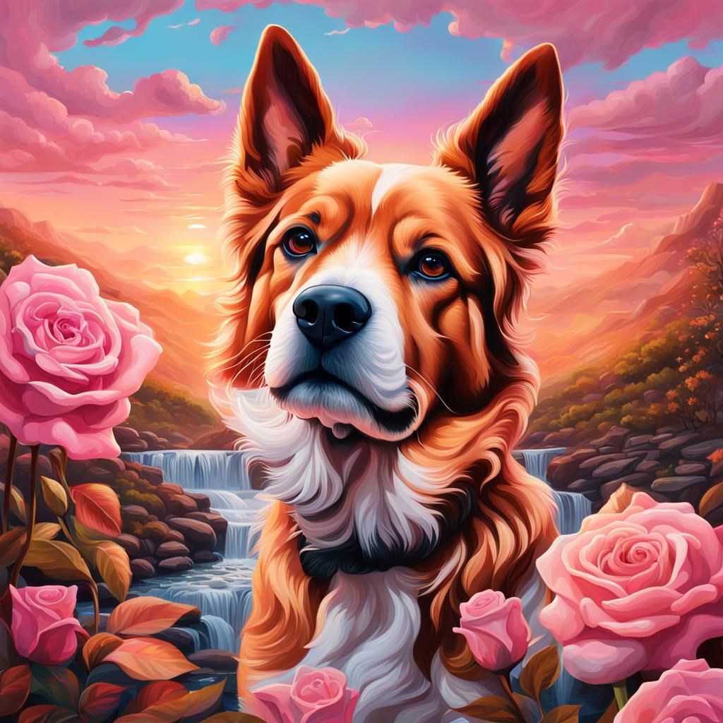 Hyperrealistic Dog Portrait in Rose Gold and Pink