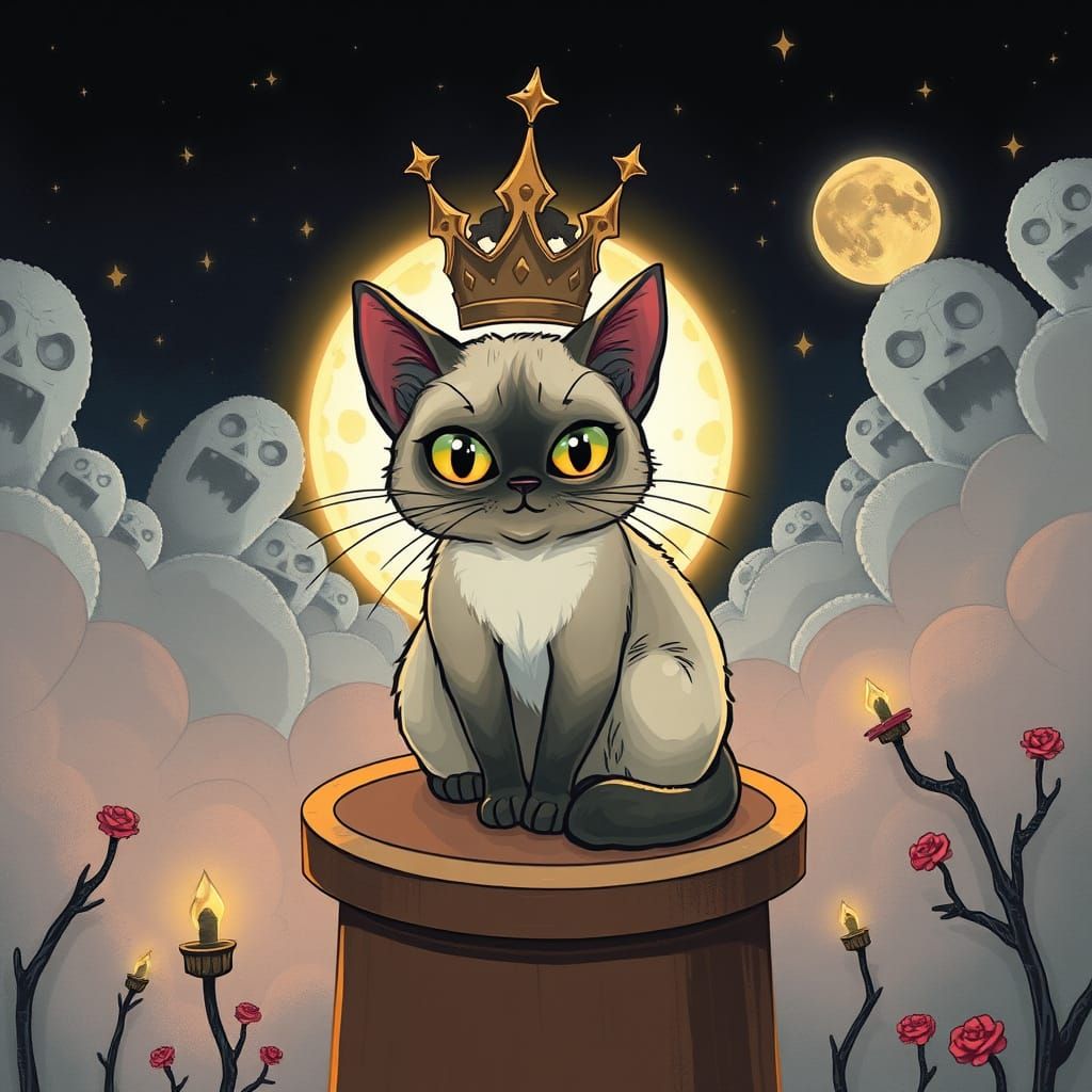 Regal Siamese Cat in Whimsical, Gothic Moonlight