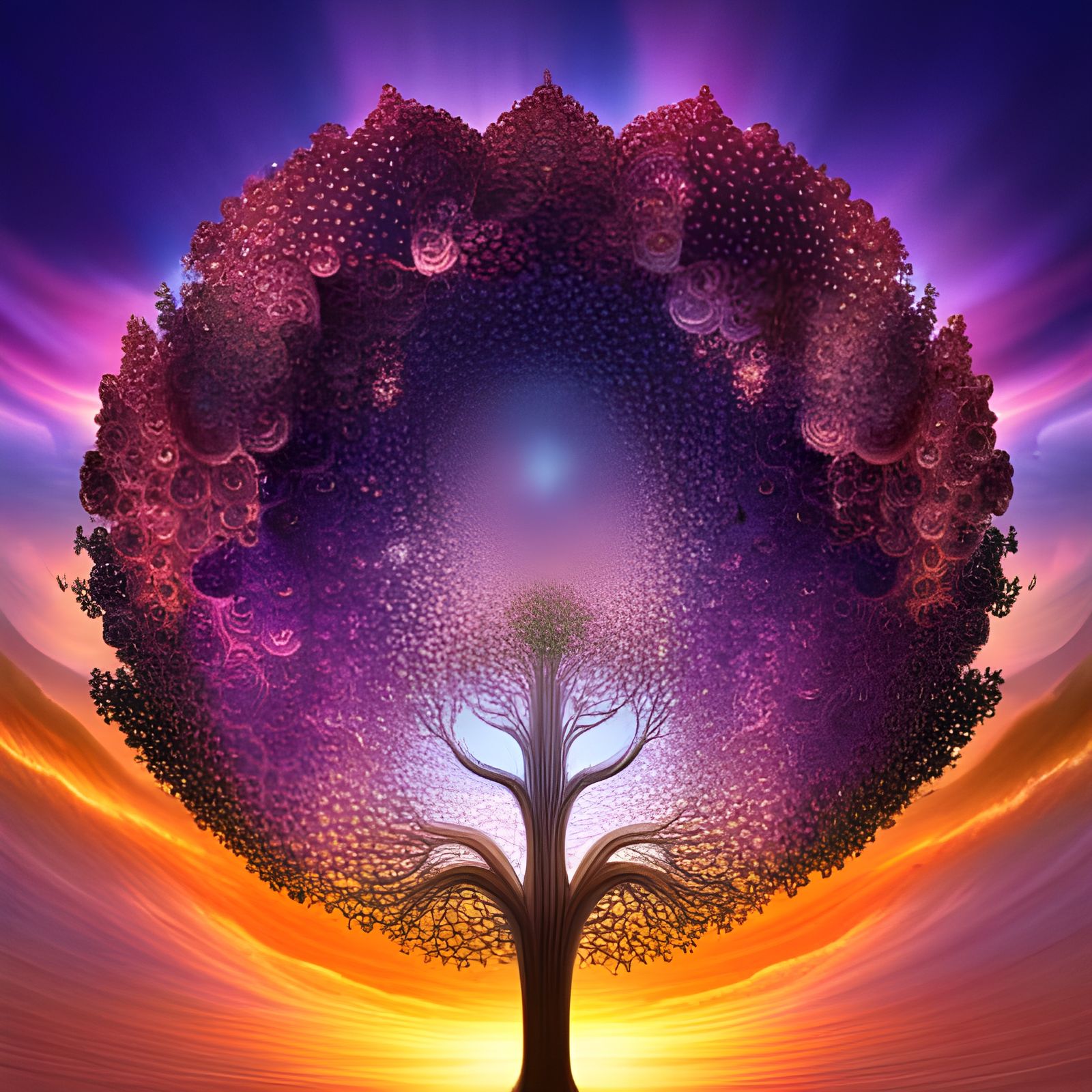 Radiant People in Storm with Fractal Blossom Tree