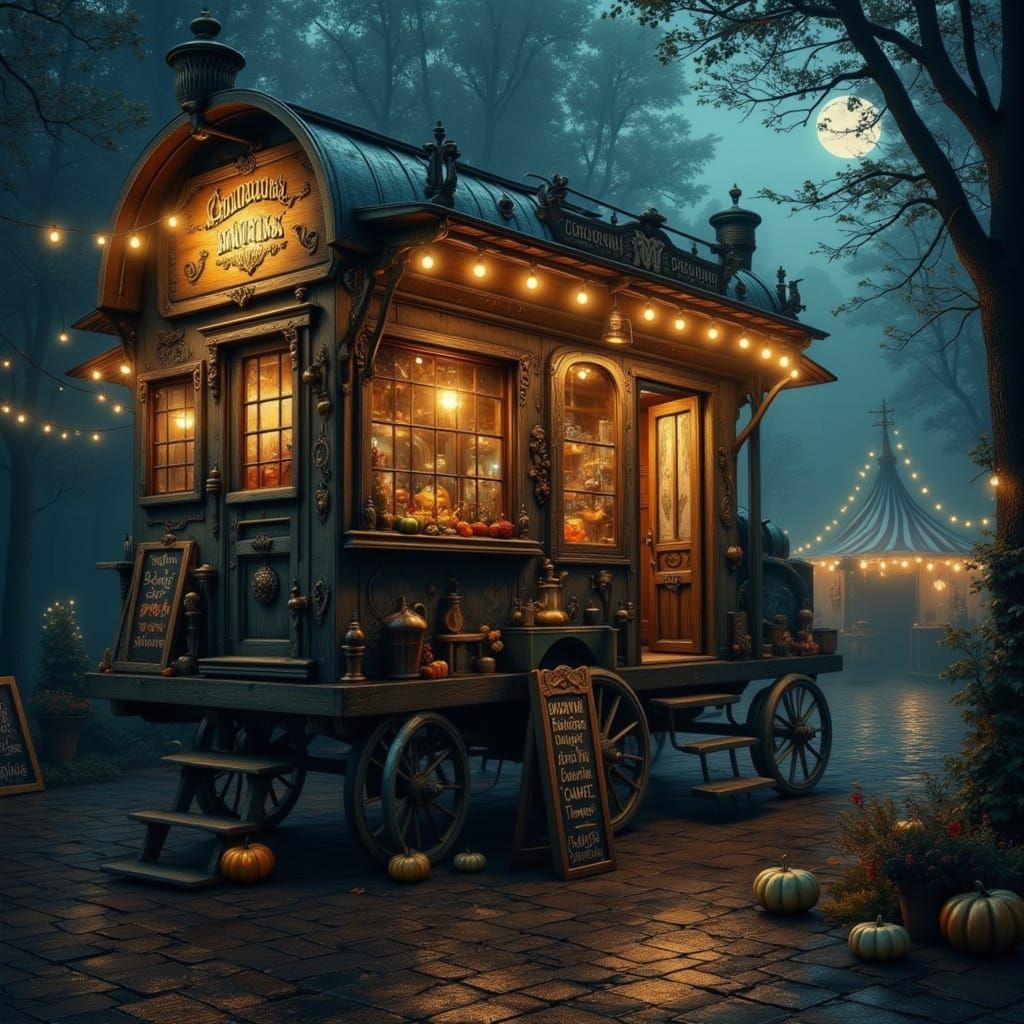 Vintage Fortune Teller Wagon Under Misty Night Sky