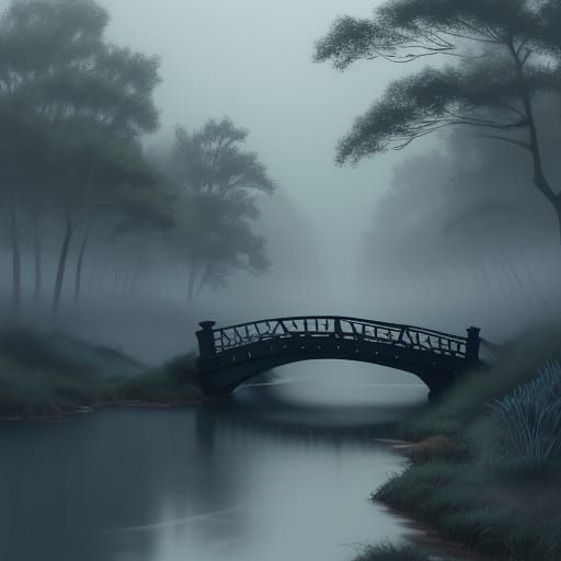Night Bridge Over River in Moody Digital Painting