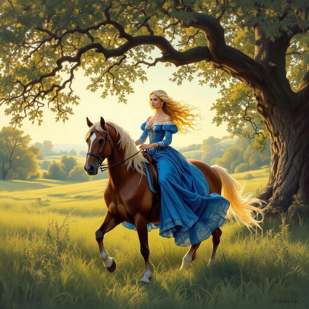 Renaissance Woman on Horseback at Dawn