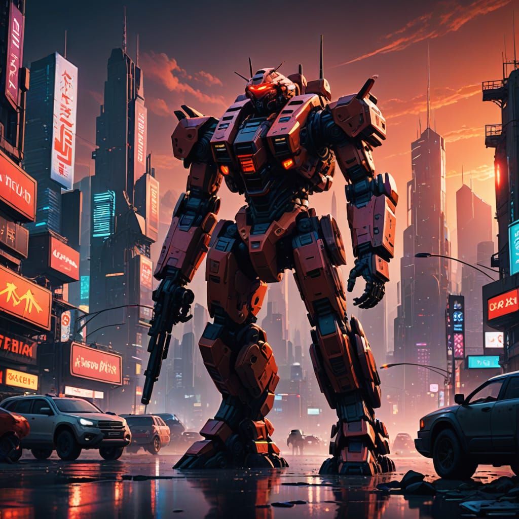 Cyberpunk Ronin Mech Silhouetted Against Neon Cityscape