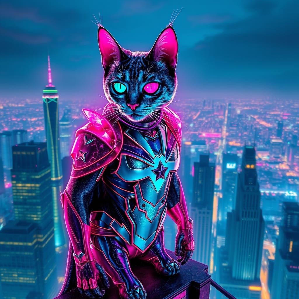 Supervillain Cat 'Glamour Glitch' Overlooks Neon City