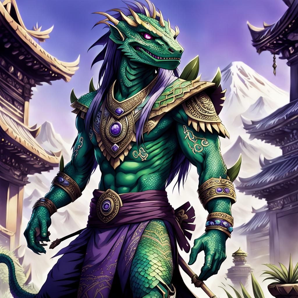 Lizardfolk in Aztec Clothing: Anime-Inspired Art