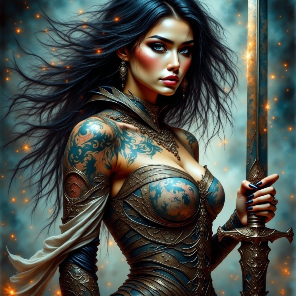 Half-Elf Warrior Woman in Antique Watercolor Style