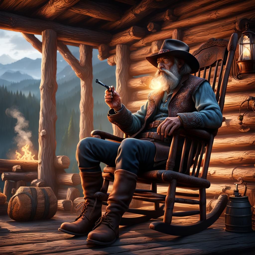 Mountain Man Relaxing on Log Cabin Porch
