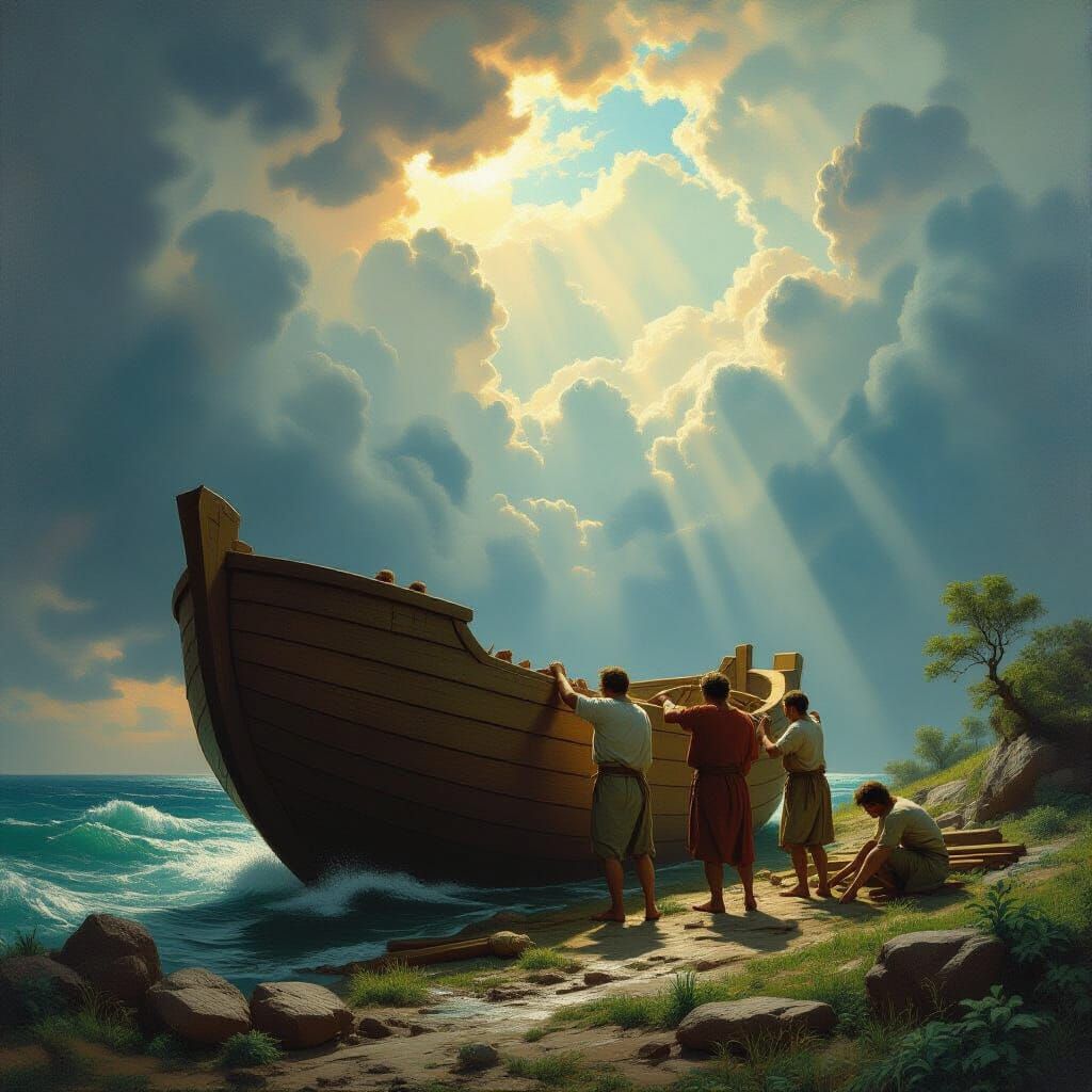 Noah Builds the Ark with Sons in Epic Oil Painting Style