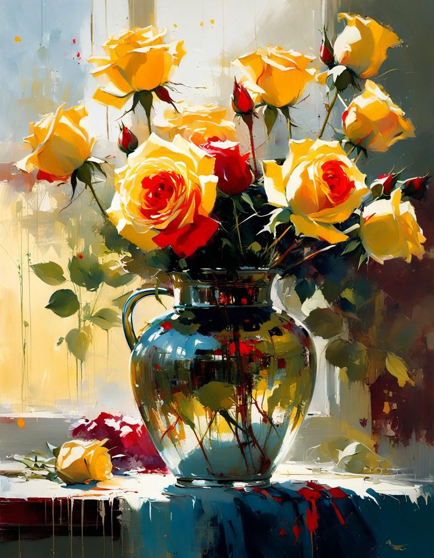 Red Roses in Vase as Detailed Fine Art