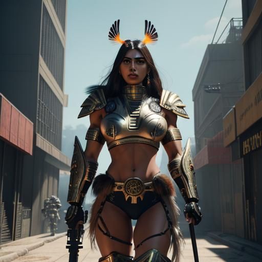 Aztec Warrior Woman in Cyberpunk Servo-Armor