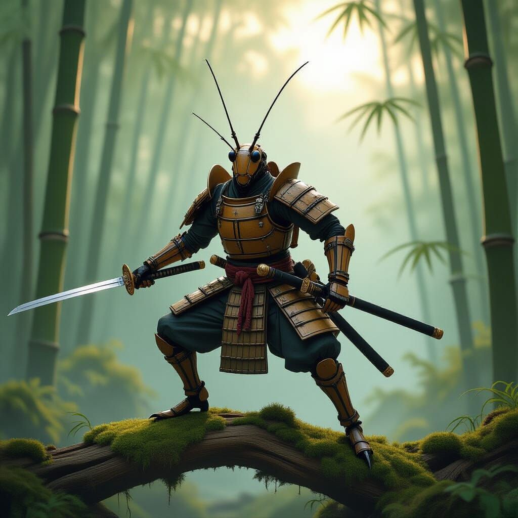 Stick Insect Samurai in Misty Bamboo Forest