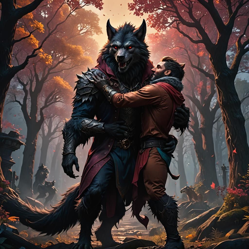 Werewolf and Gay Man in Loving Embrace