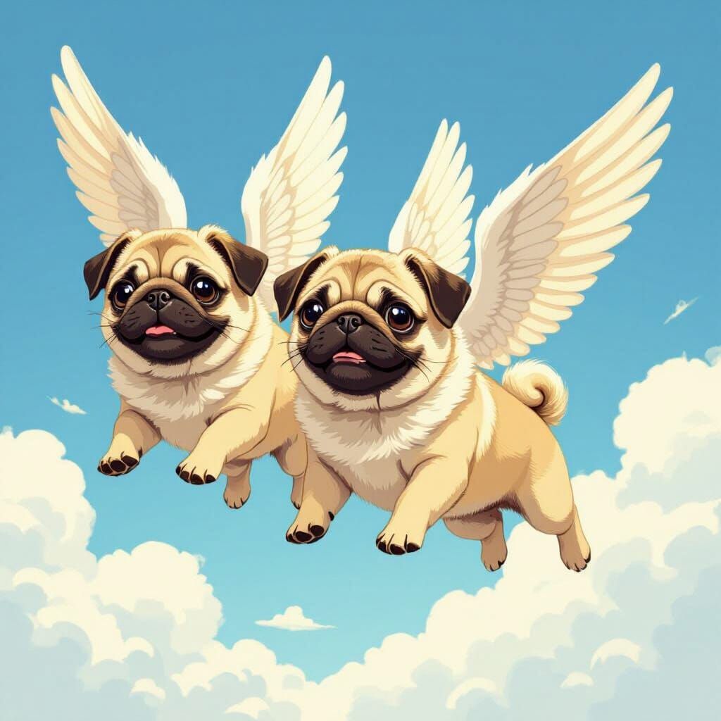 Winged Pugs in Flight: Whimsical Digital Art