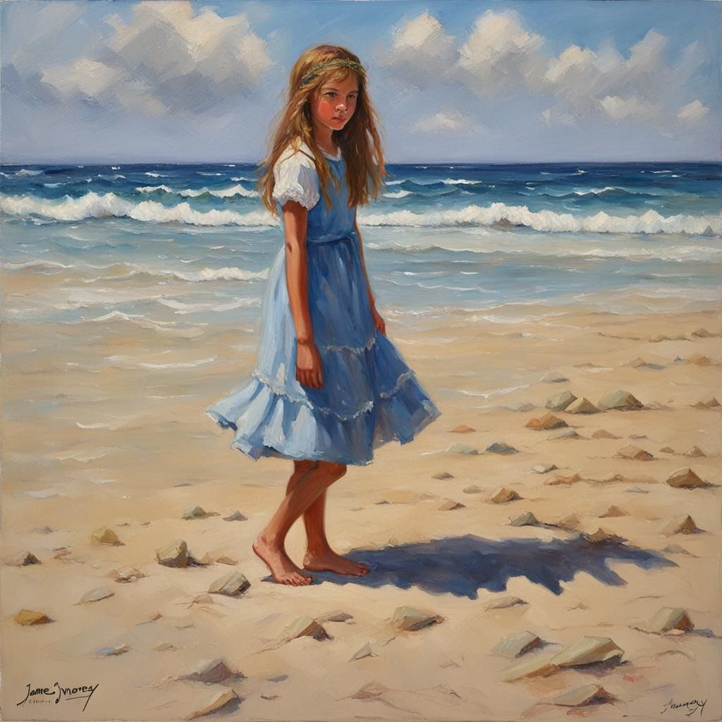 Teen Girl on Beach in Illustrative Oil Painting
