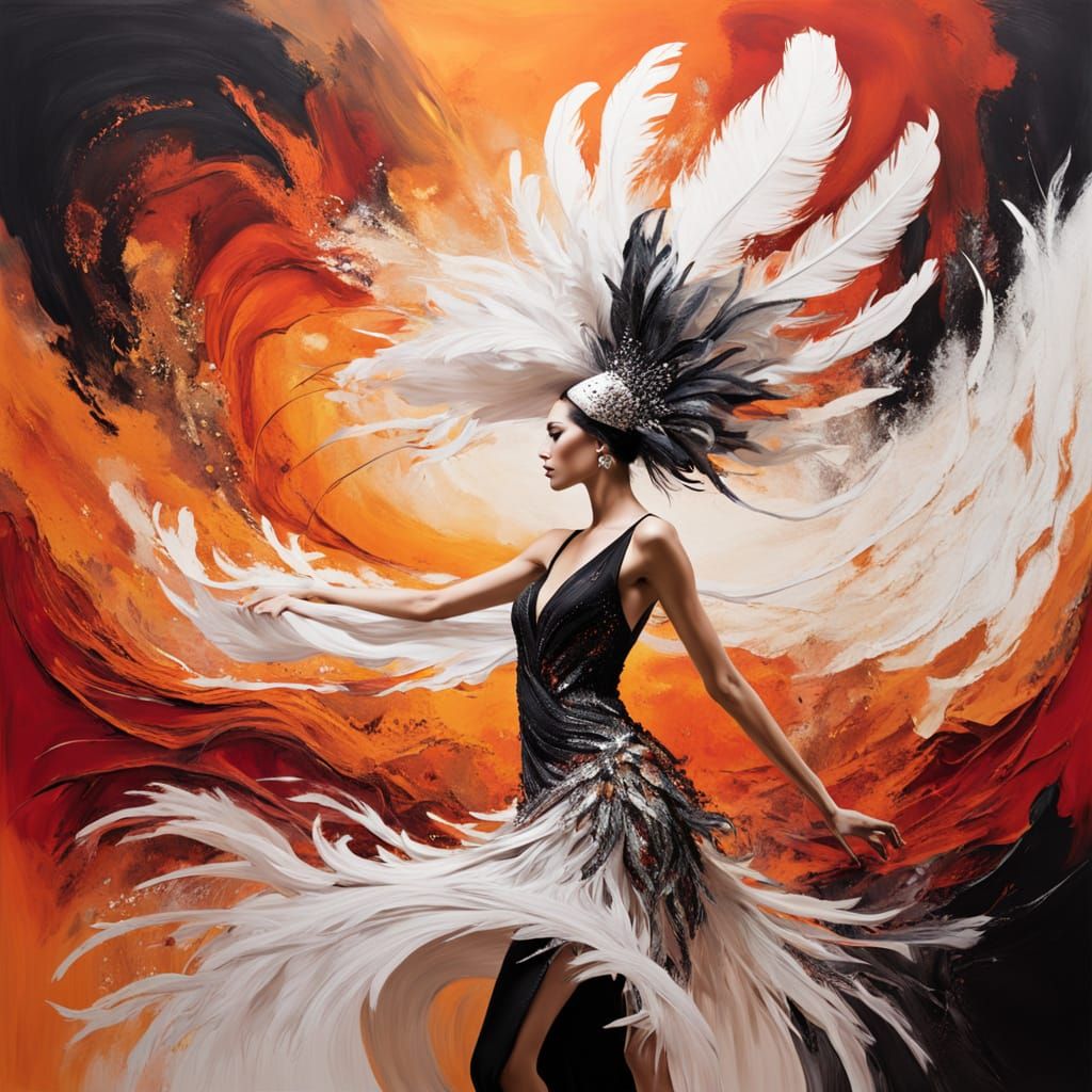 Abstract Showgirl Portrait in Orange and White Hues