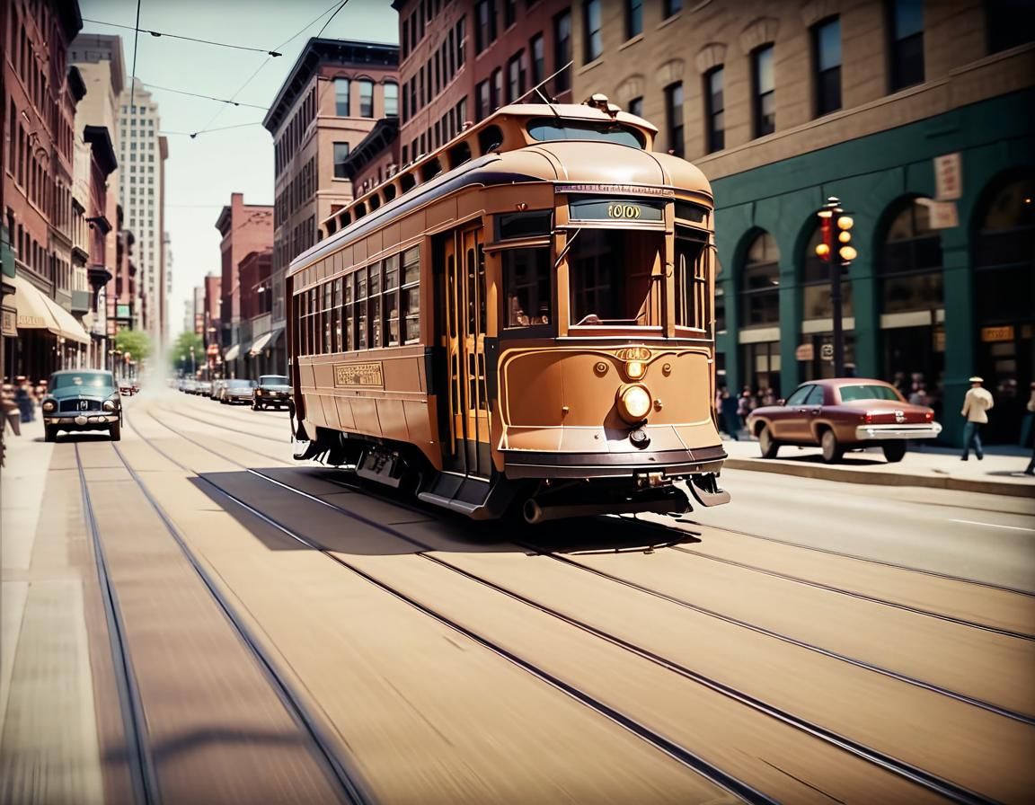 Vintage Streetcar Drifting Sideways in 1900s Downtown