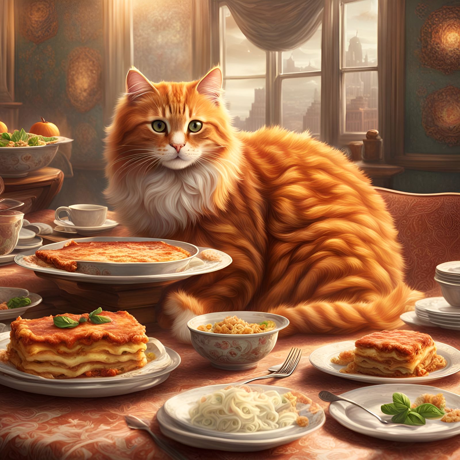 Fluffy Orange Cat Enjoying Lasagna: Digital Matte Painting