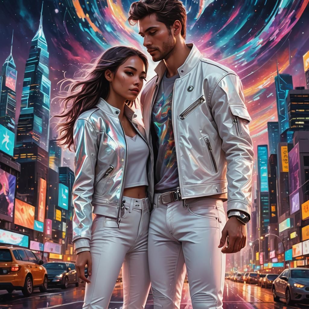 Vibrant Cityscape with Cosmic Skies, in Digital Art